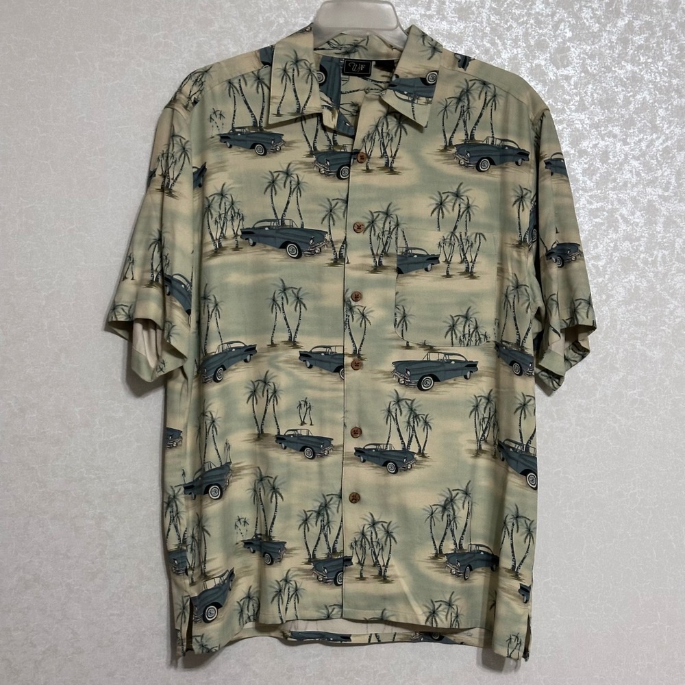 WF Vintage Classic Car Palm Tree Novelty Print Camp Shirt 100% Silk Sage Green L